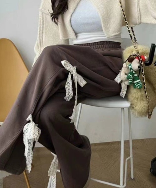 セール】レースリボン付きワイドレッグスウェットパンツ（スウェット