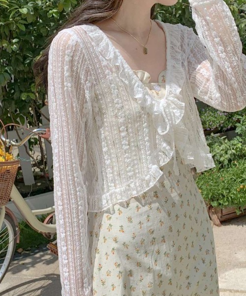 Sibra（シブラ）の「《新色追加》フリルレースシアーカーディガン（カーディガン/ボレロ・レディース・イエロー/ホワイト/ピンク/ブラック/グリーン/ブルー・M）」の8枚目の写真