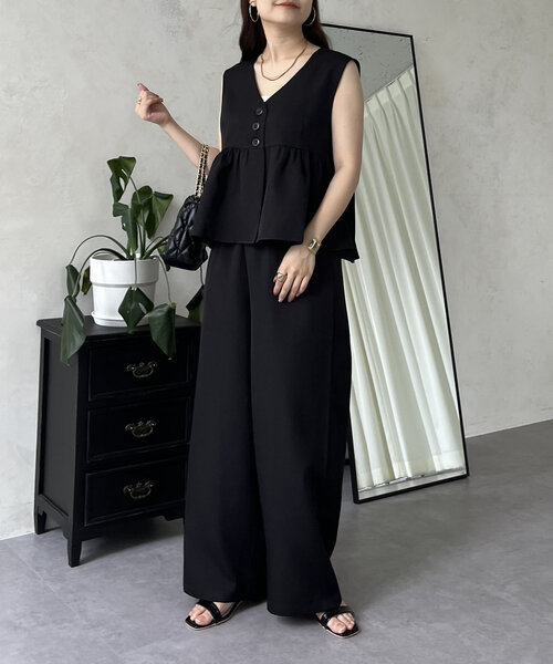 prose verse（プロズヴェール）の「【セットアップ】ショートペプラムジレ×ワイドパンツ（つなぎ/オールインワン・レディース・ブラック・MEDIUM/PM）」の7枚目の写真