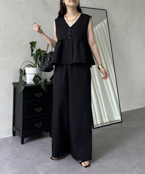 prose verse（プロズヴェール）の「【セットアップ】ショートペプラムジレ×ワイドパンツ（つなぎ/オールインワン・レディース・ブラック・MEDIUM/PM）」の8枚目の写真