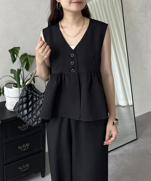 prose verse（プロズヴェール）の「【セットアップ】ショートペプラムジレ×ワイドパンツ（つなぎ/オールインワン・レディース・ブラック・MEDIUM/PM）」の16枚目の写真