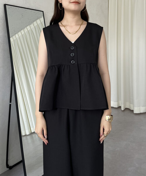 prose verse（プロズヴェール）の「【セットアップ】ショートペプラムジレ×ワイドパンツ（つなぎ/オールインワン・レディース・ブラック・MEDIUM/PM）」の17枚目の写真