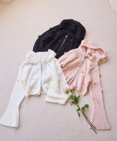 one after another NICE CLAUP(ワンアフターアナザーナイスクラップ)の「ローズニットパーカー(パーカー・レディース・ピンク/ブラック/オフホワイト・FREE)」の14枚目の写真