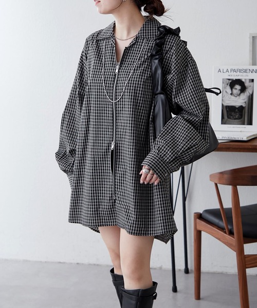 NUNIFE(ユニフィー)の「【UNISEX】チェックWZIPシャツ(シャツ/ブラウス・レディース・ブラック/ブルー/ベージュ・FREE)」の1枚目の写真