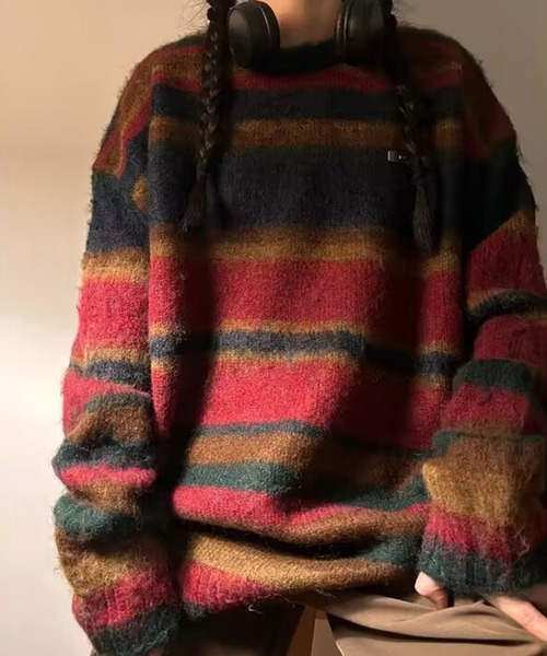 aimoha（アイモハ）の「ユニセックスボーダー配色セーター（ニット/セーター・レディース・ブルー/レッド・MEDIUM/LARGE/X-LARGE/XX-LARGE）」の2枚目の写真