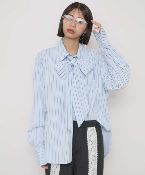 ブラウス シャツ nylon typewriter stripe bow tie blouse(ナイロンタイプライターストライプ柄ボウタイブラウス) セール】nylon typewriter stripe bow tie blouse(ナイロン