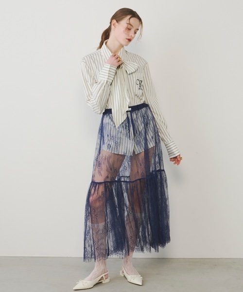 ブラウス シャツ nylon typewriter stripe bow tie blouse(ナイロンタイプライターストライプ柄ボウタイブラウス) セール】nylon typewriter stripe bow tie blouse(ナイロン