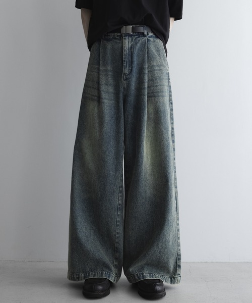 受注制【Chikashitsu +】vintage wash semi wide denim pants