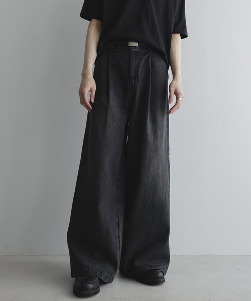 パンツ loose vintage semi-wide denim PT セール】asymmetric crash denim pant/クラッシュデニムパンツ