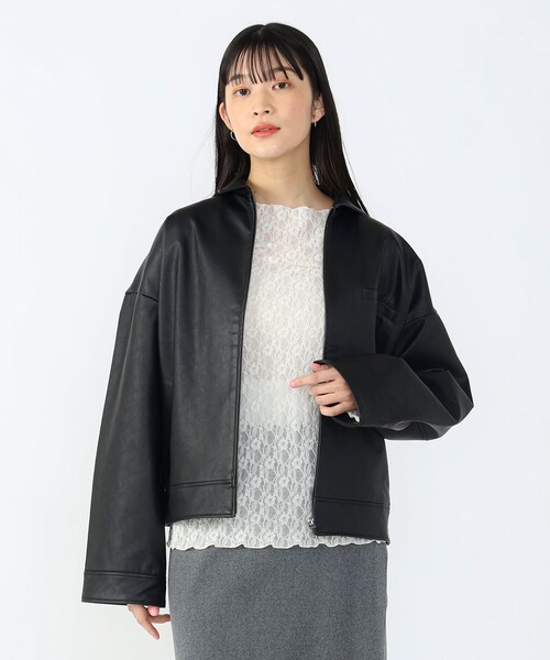 BEAMS HEART ブラック フェイクレザー ブルゾン ヴィンテージライク フェイクレザー ブルゾン（ブルゾン