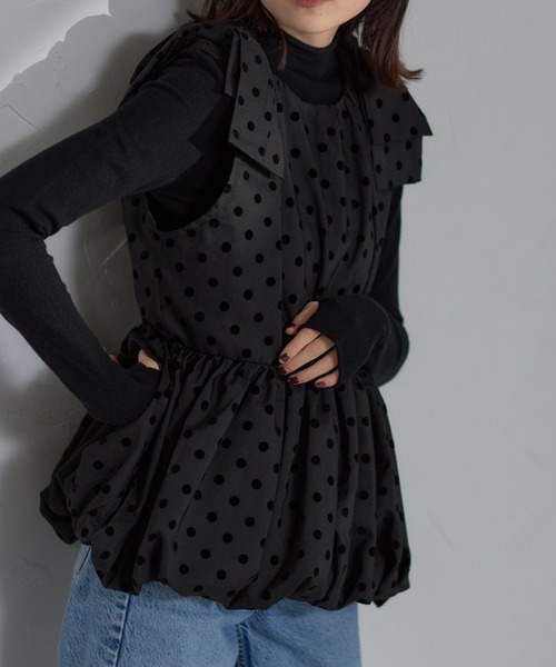 【セール】フロッキードットペプラムショルダーリボンベスト（ベスト）｜each（イーチ）