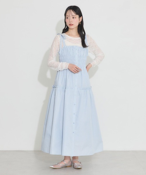 earth music&ecology（アースミュージックアンドエコロジー）の「ギャザーティアードキャミドレ（ワンピース・レディース・サックスブルー/ホワイト/イエロー・FREE）」の4枚目の写真