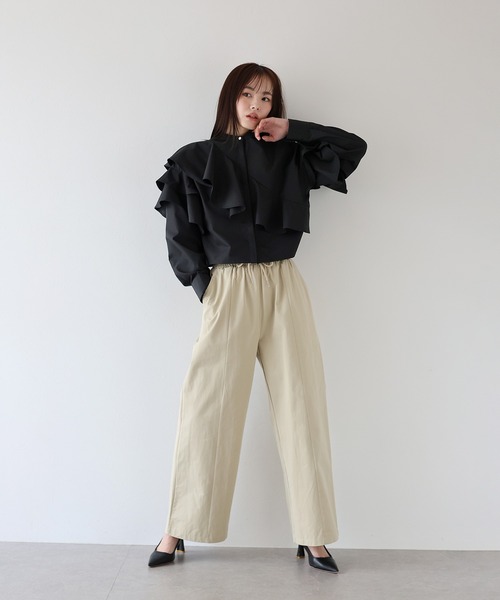 新品 定価9万 CO コー ラッフル袖 ブラウス Tシャツ XXS 黒 ショートアシメラッフルシャツ（シャツ/ブラウス）｜J by blue