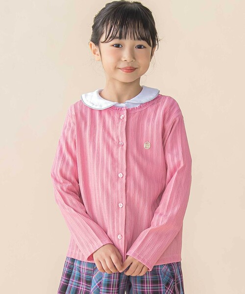 BeBe Petits Pois Vert(ベベプチポワヴェール)の「レーシーカットソー長袖カーディガン(95~150cm)(カーディガン/ボレロ・キッズ・ピンク/ホワイト・120cm/130cm/110cm/100cm/140cm/150cm)」の1枚目の写真