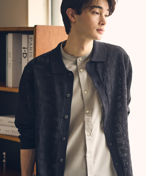 COMME CA ISM(コムサイズム)の「メッシュ編み ポロカーディガン(カーディガン/ボレロ・メンズ・ブラック/ブラウン/ネイビー・MEDIUM/LARGE)」の1枚目の写真