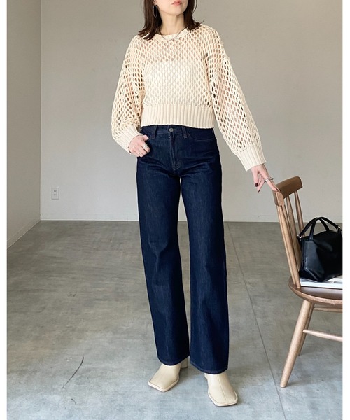 She's Closet（シーズクローゼット）の「透かし編み長袖ショート丈シアーメッシュニットトップス（ニット/セーター・レディース・アイボリー/チャコール/ブラック・FREE）」の8枚目の写真