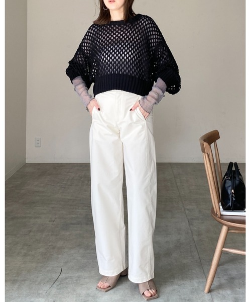 She's Closet（シーズクローゼット）の「透かし編み長袖ショート丈シアーメッシュニットトップス（ニット/セーター・レディース・アイボリー/チャコール/ブラック・FREE）」の11枚目の写真