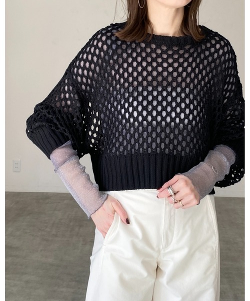 She's Closet（シーズクローゼット）の「透かし編み長袖ショート丈シアーメッシュニットトップス（ニット/セーター・レディース・アイボリー/チャコール/ブラック・FREE）」の21枚目の写真
