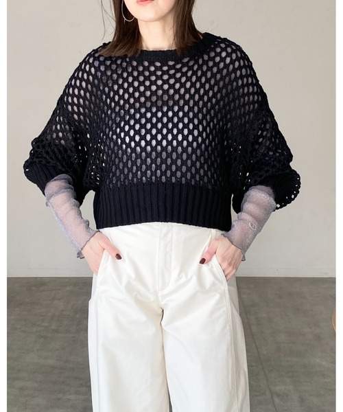 jaded london シアーニット　メッシュニット　トップス セール】透かし編み長袖ショート丈シアーメッシュニットトップス