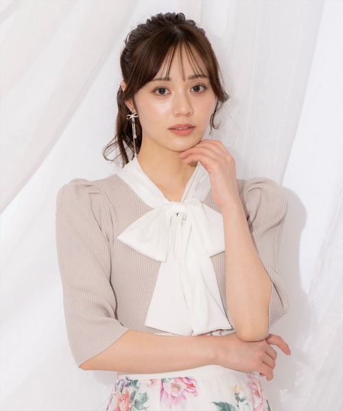 WILLSELECTION（ウィルセレクション）の「リボンタイ5分袖リブニット（ニット/セーター・レディース・アイボリー/ミント/ピンク・FREE）」の3枚目の写真