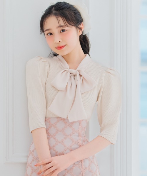 WILLSELECTION（ウィルセレクション）の「リボンタイ5分袖リブニット（ニット/セーター・レディース・アイボリー/ミント/ピンク・FREE）」の2枚目の写真