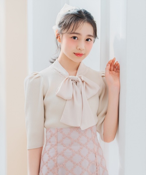 WILLSELECTION（ウィルセレクション）の「リボンタイ5分袖リブニット（ニット/セーター・レディース・アイボリー/ミント/ピンク・FREE）」の4枚目の写真