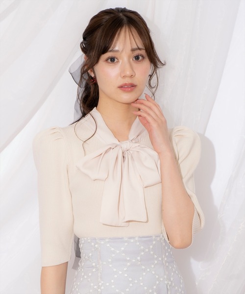 WILLSELECTION（ウィルセレクション）の「リボンタイ5分袖リブニット（ニット/セーター・レディース・アイボリー/ミント/ピンク・FREE）」の10枚目の写真