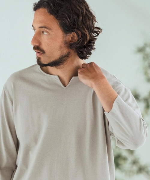 Magine（マージン）の「mlt5150-Linen Blend Fabric Keyneck T-shirt 7分袖Tシャツ（Tシャツ/カットソー・メンズ・ブラック/グレイッシュベージュ/ベージュ・44/46/48）」の3枚目の写真