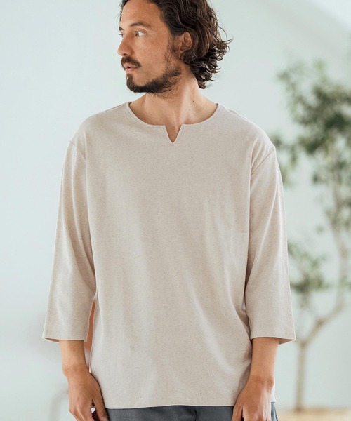 Magine（マージン）の「mlt5150-Linen Blend Fabric Keyneck T-shirt 7分袖Tシャツ（Tシャツ/カットソー・メンズ・ブラック/グレイッシュベージュ/ベージュ・44/46/48）」の19枚目の写真