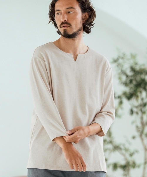 Magine（マージン）の「mlt5150-Linen Blend Fabric Keyneck T-shirt 7分袖Tシャツ（Tシャツ/カットソー・メンズ・ブラック/グレイッシュベージュ/ベージュ・44/46/48）」の18枚目の写真