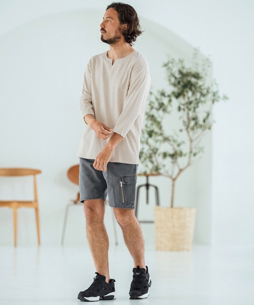 Magine（マージン）の「mlt5150-Linen Blend Fabric Keyneck T-shirt 7分袖Tシャツ（Tシャツ/カットソー・メンズ・ブラック/グレイッシュベージュ/ベージュ・44/46/48）」の17枚目の写真