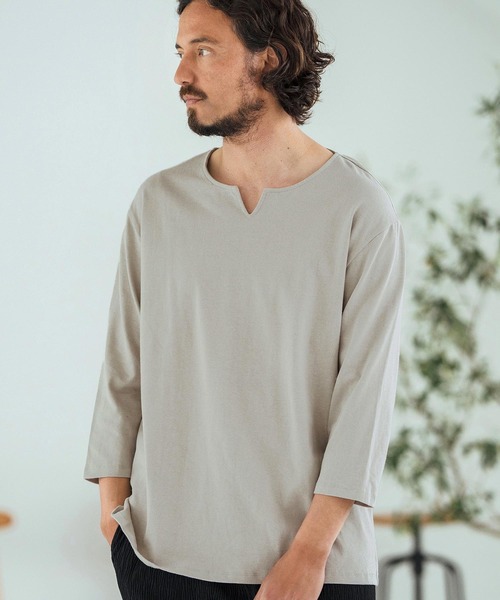 Magine（マージン）の「mlt5150-Linen Blend Fabric Keyneck T-shirt 7分袖Tシャツ（Tシャツ/カットソー・メンズ・ブラック/グレイッシュベージュ/ベージュ・44/46/48）」の15枚目の写真