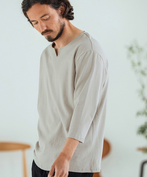 Magine（マージン）の「mlt5150-Linen Blend Fabric Keyneck T-shirt 7分袖Tシャツ（Tシャツ/カットソー・メンズ・ブラック/グレイッシュベージュ/ベージュ・44/46/48）」の14枚目の写真