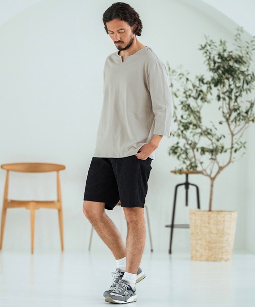 Magine（マージン）の「mlt5150-Linen Blend Fabric Keyneck T-shirt 7分袖Tシャツ（Tシャツ/カットソー・メンズ・ブラック/グレイッシュベージュ/ベージュ・44/46/48）」の12枚目の写真