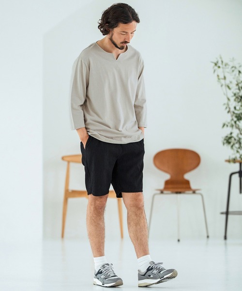 Magine（マージン）の「mlt5150-Linen Blend Fabric Keyneck T-shirt 7分袖Tシャツ（Tシャツ/カットソー・メンズ・ブラック/グレイッシュベージュ/ベージュ・44/46/48）」の11枚目の写真