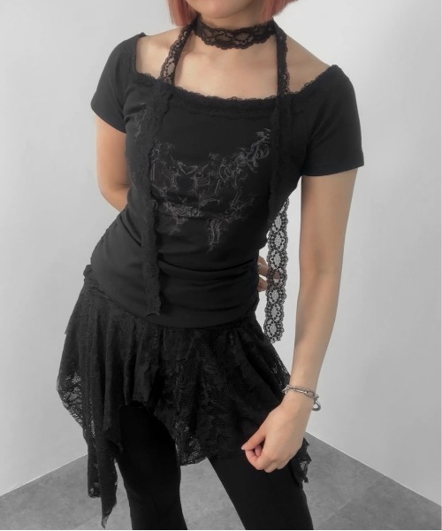 jiasecond.(ジアセカンド)の「【jiasecond.】レースマフラー付きオープンネックトップス / カットソー Tシャツ バレエコア ガーリー タイ付き ボウタイ 半袖 ブラック ホワイト チャコール ZOZOTOWN限定(Tシャツ/カットソー・レディース・ホワイト/ブラック/チャコールグレー・FREE)」の22枚目の写真