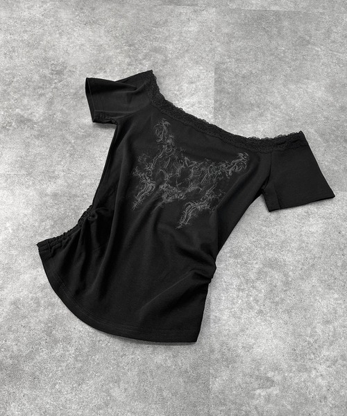 jiasecond.(ジアセカンド)の「【jiasecond.】レースマフラー付きオープンネックトップス / カットソー Tシャツ バレエコア ガーリー タイ付き ボウタイ 半袖 ブラック ホワイト チャコール ZOZOTOWN限定(Tシャツ/カットソー・レディース・ホワイト/ブラック/チャコールグレー・FREE)」の4枚目の写真