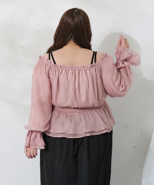 タグ付き 2wayシフォンシャーリングブラウス 大きいサイズ】2Wayラメシフォンシャーリングブラウス（シャツ