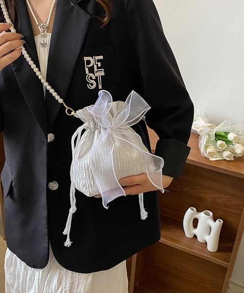 Miniministore(ミニミニストア)の「巾着ショルダーバッグ リボン付き 結婚式(ショルダーバッグ・レディース・パープル/ブラック/ライトピンク/オフホワイト・FREE)」の2枚目の写真