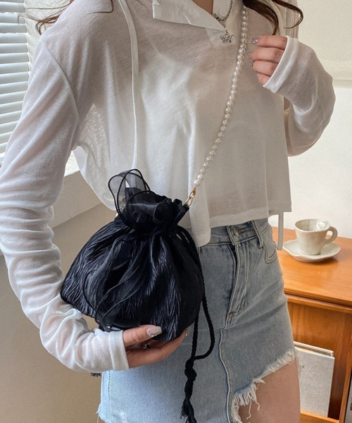 Miniministore(ミニミニストア)の「巾着ショルダーバッグ リボン付き 結婚式(ショルダーバッグ・レディース・パープル/ブラック/ライトピンク/オフホワイト・FREE)」の5枚目の写真