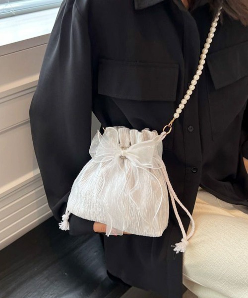 Miniministore(ミニミニストア)の「巾着ショルダーバッグ リボン付き 結婚式(ショルダーバッグ・レディース・パープル/ブラック/ライトピンク/オフホワイト・FREE)」の10枚目の写真