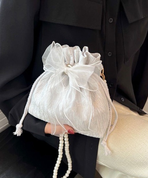 Miniministore(ミニミニストア)の「巾着ショルダーバッグ リボン付き 結婚式(ショルダーバッグ・レディース・パープル/ブラック/ライトピンク/オフホワイト・FREE)」の12枚目の写真