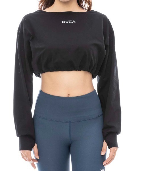 RVCA（ルーカ）の「【RVCA/ルーカ】24SS MINI RVCA CROPPED RG LS TEE/水陸両用ショート丈(短丈)ワンポイントロゴバックプリントドローコード付きプルオーバーラッシュガード(水着)（ラッシュガード・レディース・ブラック/ホワイト・LARGE/MEDIUM）」の2枚目の写真