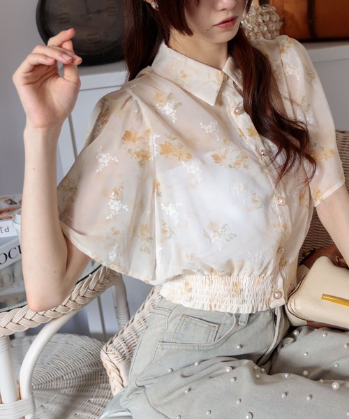 即購入可能です☆ フレア袖トップス　フィンスリーブ　ブラウス　オフホワイト セール】シアー花柄 ゴールドボタン フレア袖クロップドブラウス