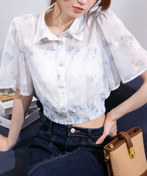 pumpkin port（パンプキンポート）の「シアー花柄 ゴールドボタン フレア袖クロップドブラウス（シャツ/ブラウス・レディース・ラベンダー/ピンク/ブルー/ベージュ/グリーン・M/L）」の8枚目の写真