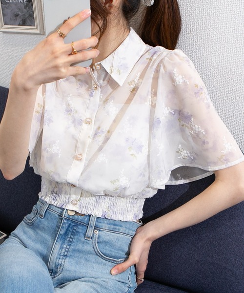 pumpkin port（パンプキンポート）の「シアー花柄 ゴールドボタン フレア袖クロップドブラウス（シャツ/ブラウス・レディース・ラベンダー/ピンク/ブルー/ベージュ/グリーン・M/L）」の11枚目の写真