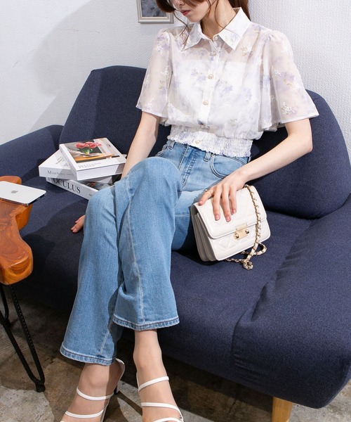 pumpkin port（パンプキンポート）の「シアー花柄 ゴールドボタン フレア袖クロップドブラウス（シャツ/ブラウス・レディース・ラベンダー/ピンク/ブルー/ベージュ/グリーン・M/L）」の14枚目の写真