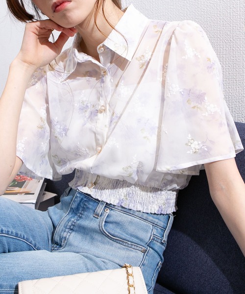 pumpkin port（パンプキンポート）の「シアー花柄 ゴールドボタン フレア袖クロップドブラウス（シャツ/ブラウス・レディース・ラベンダー/ピンク/ブルー/ベージュ/グリーン・M/L）」の15枚目の写真