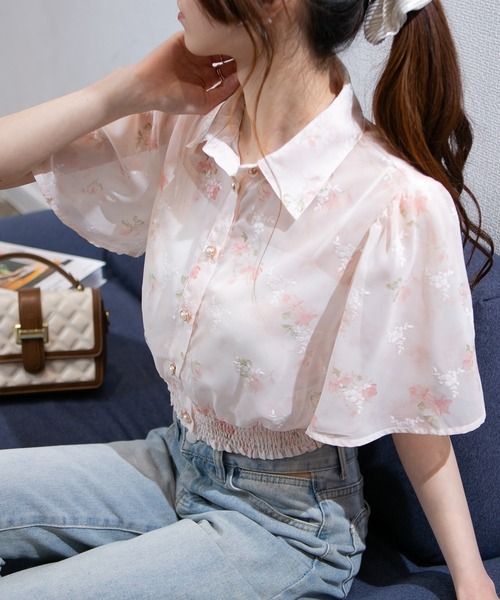 pumpkin port（パンプキンポート）の「シアー花柄 ゴールドボタン フレア袖クロップドブラウス（シャツ/ブラウス・レディース・ラベンダー/ピンク/ブルー/ベージュ/グリーン・M/L）」の20枚目の写真