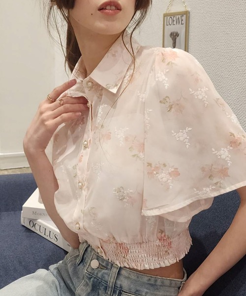 pumpkin port（パンプキンポート）の「シアー花柄 ゴールドボタン フレア袖クロップドブラウス（シャツ/ブラウス・レディース・ラベンダー/ピンク/ブルー/ベージュ/グリーン・M/L）」の22枚目の写真